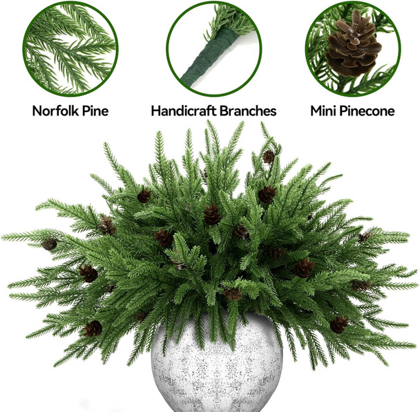 10 Pcs 18" Real Touch Norfolk Pine Stems Branches with Pine Cone Norfolk Pine Artificial Christmas Branches DIY Crafts Faux Christmas Norfolk Pine Branches for Xmas Indoor Outdoor Home Decor