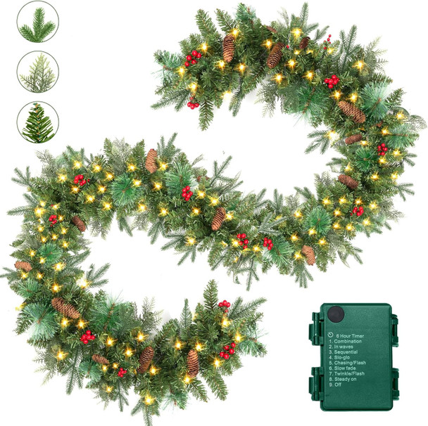 9FT Pre-Lit Artificial Christmas Garland with 50 LED Lights and Realistic Nordic Spruce and Scotch Pine Berries Pine Cones Xmas Garland for Mantle Stair Railing Indoor Outdoor