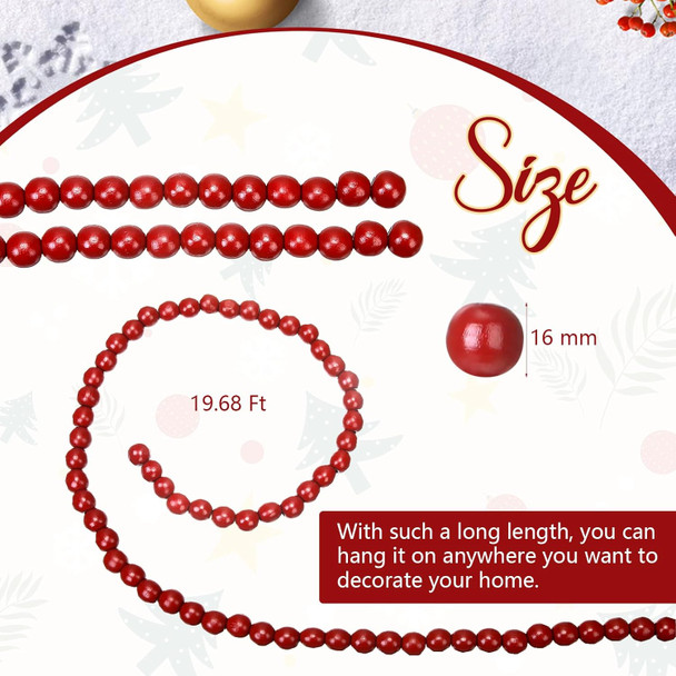 2 Pcs/ 19.68 Feet Christmas Wooden Beads Garland Xmas Craft Bead Farmhouse Rustic Wood Round Beads for Vintage Christmas Tree Ornaments Garlands Decoration Supplies (Red)