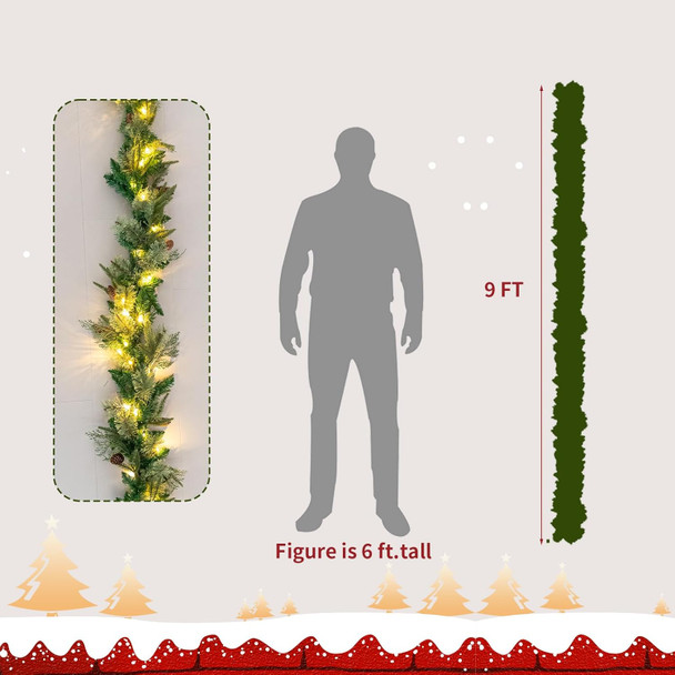 9 FT Artificial Christmas Garland Pre-Lit with 50 LED Lights, Battery Operated with Timer, Greenery Garland Decorated with Pinecones, Needle for Mantle Stairs, Indoor Outdoor Christmas Decorations