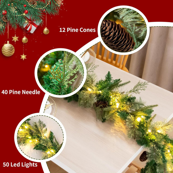 9 FT Artificial Christmas Garland Pre-Lit with 50 LED Lights, Battery Operated with Timer, Greenery Garland Decorated with Pinecones, Needle for Mantle Stairs, Indoor Outdoor Christmas Decorations