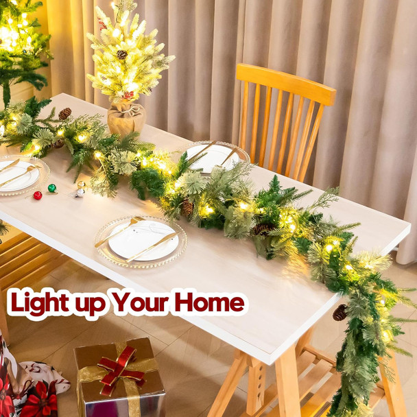 9 FT Artificial Christmas Garland Pre-Lit with 50 LED Lights, Battery Operated with Timer, Greenery Garland Decorated with Pinecones, Needle for Mantle Stairs, Indoor Outdoor Christmas Decorations