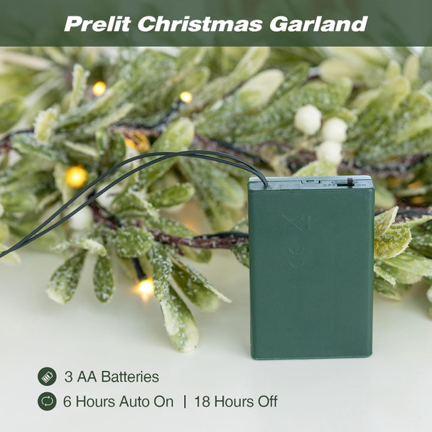 Ethlomoer 6.6FT Pre-lit Christmas Garland with 20 LED Lights, Battery Operated, Flocked Olive Lighted Garland with Snowflakes for Mantle Stairs Wall, Indoor&Outdoor, Greenery Garland for Christmas Dec