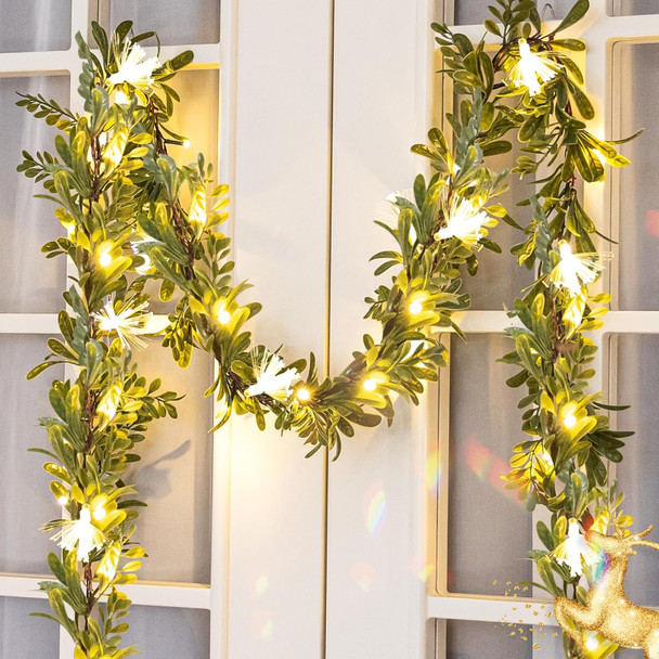 Ethlomoer 6.4FT Prelit Christmas Garland, Olive Garland with Fiber, Battery Operated Lighted Garland with 20 LED Lights&Timer, Green Garland for Mantle Stairs Wall Christmas Decorations Indoor Outdoor