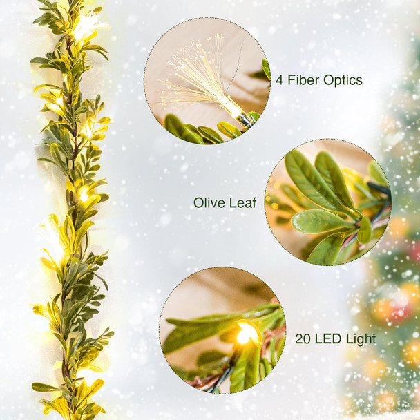 Ethlomoer 6.4FT Prelit Christmas Garland, Olive Garland with Fiber, Battery Operated Lighted Garland with 20 LED Lights&Timer, Green Garland for Mantle Stairs Wall Christmas Decorations Indoor Outdoor