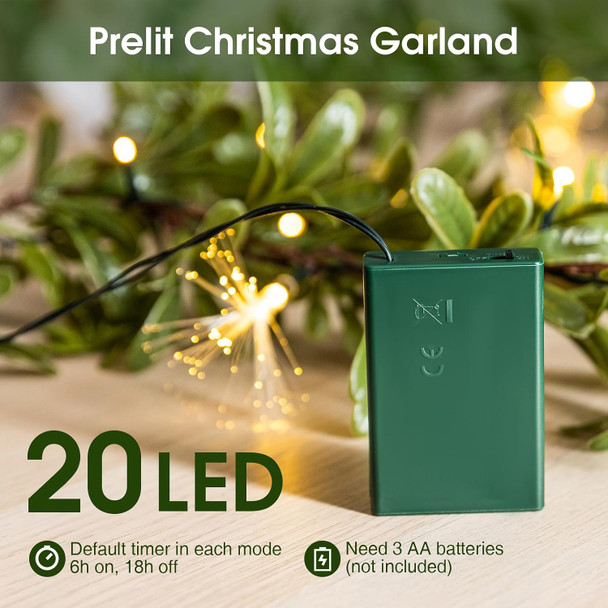 Ethlomoer 6.4FT Prelit Christmas Garland, Olive Garland with Fiber, Battery Operated Lighted Garland with 20 LED Lights&Timer, Green Garland for Mantle Stairs Wall Christmas Decorations Indoor Outdoor
