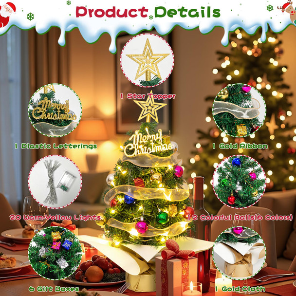 Mini Christmas Tree with Lights, 24'' Tabletop Christmas Tree with Abundance of Ornaments, Small Christmas Tree for Bedroom, Living Room, Fireplace, Dining Table, Perfect Christmas Decor