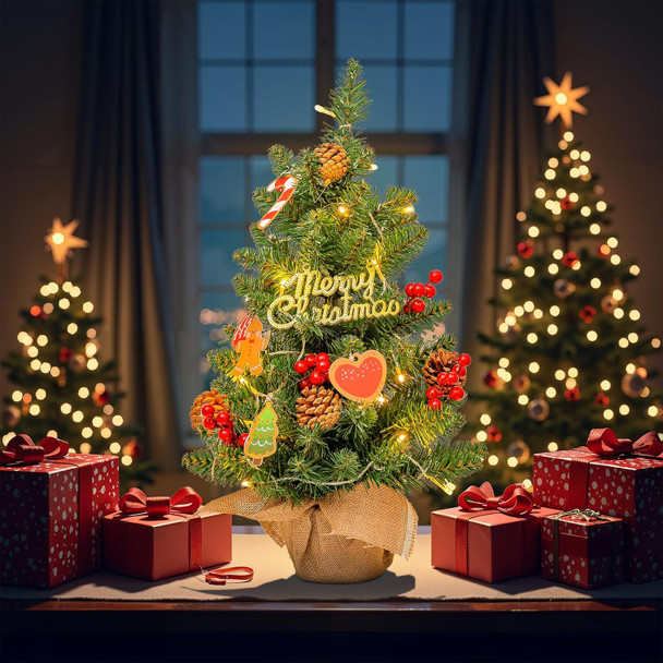 24" Mini Christmas Tree with LED Lights, Small Tabletop Christmas Tree for Indoor Christmas Decorations with Sign, Red Berries, Pine Cones, Hanging Cards,Ideal Christmas Decor for Home, Office & Party