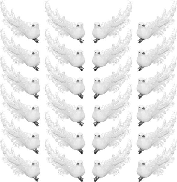 24pcs Artificial White Doves Decoration with Metal Clips, White Feathered Mini Birds Clip on Tree Ornaments for DIY Crafts Christmas Tree Ornaments, Wreaths, Wedding Decor