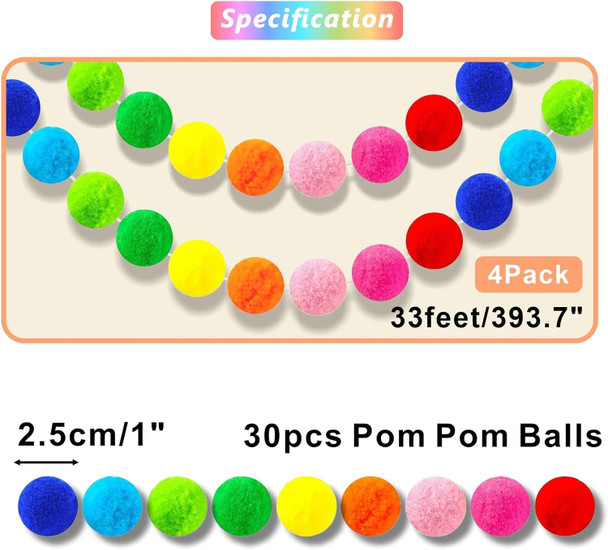 Eunika 4 Pack 33 Feet Wool Colorful Pom Pom Garlands Decorations, 120 Balls Rainbow Felt Ball Hanging Garland Banner for Christmas Tree Decor Birthday Home Wall Back to School Classroom Party Supplies