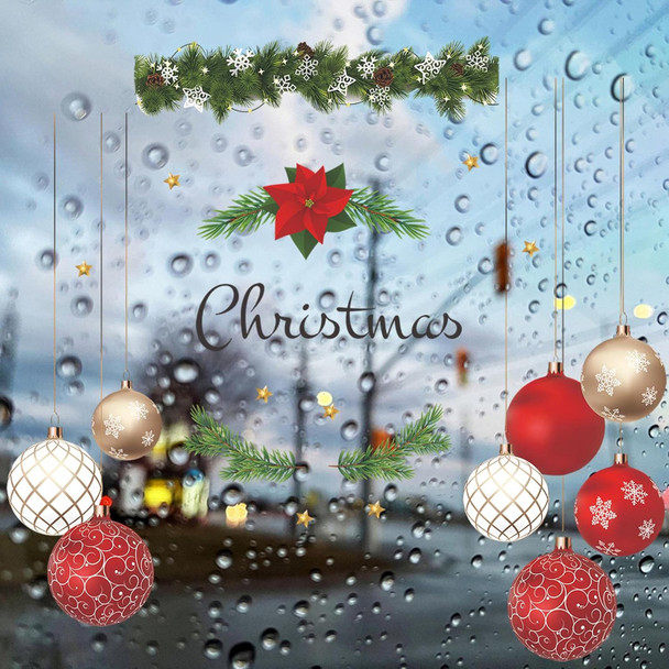 Christmas Wall Decals Hanging Ball Window Wall Stickers Decorations, Golden Star Red Hanging Balloon Wreath Wall Decor Posters Vinyl Removable Xmas Decals Party Supplies