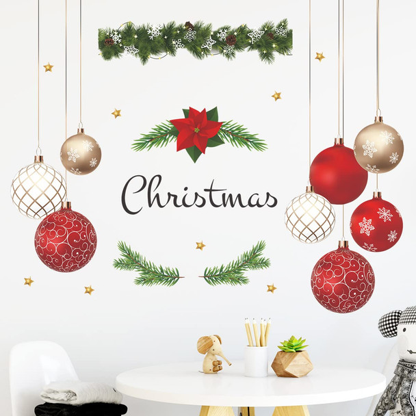 Christmas Wall Decals Hanging Ball Window Wall Stickers Decorations, Golden Star Red Hanging Balloon Wreath Wall Decor Posters Vinyl Removable Xmas Decals Party Supplies