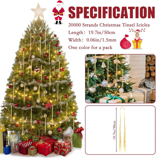 20000 Christmas Strands Iridescent Tinsel Icicles Gold 19.7" Foil Fringe Ornaments Garland for Hair Christmas Tree Xmas Decorations Birthday Party Wedding Engagement Bridal Indoor Outdoor