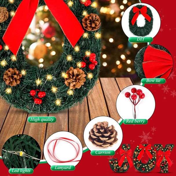 Christmas Joy Decorations, Christmas Wreath Joy Decor with Light for DIY Crafts Home Stairs Fireplace Front Porch Door Display Indoor Outdoor Christmas Decor