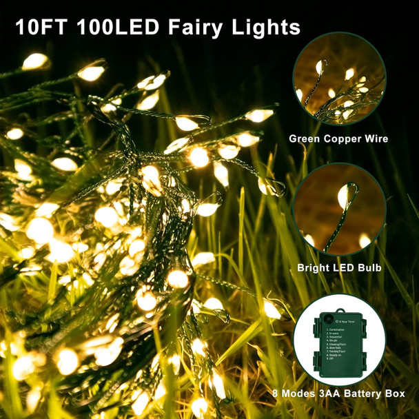 Battery Operated Christmas Lights, 10FT 100 Micro LEDs Fairy Lights with 8 Modes and Timer, Green Copper Wire for Indoor Outdoor Christmas Tree Wreath Garland Garden Party,Warm White