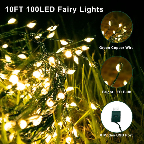 USB Fairy Lights Plug in, Outdoor Twinkle Firecracker String Lights with Timer and 8 Modes, 10ft 100 LED Waterproof Cluster Lights for Indoor Christmas Wreath Party Wedding Decoration, Warm White
