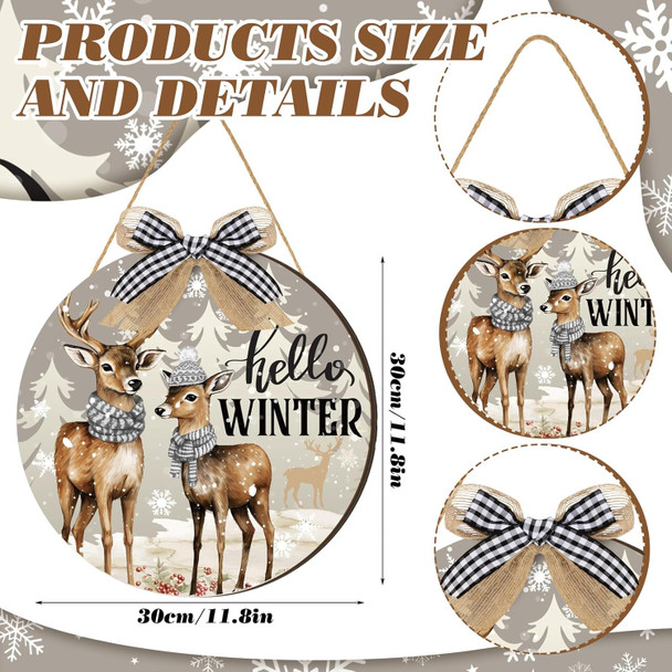 Hello Winter Door Sign Christmas Snowflake Welcome Sign Winter Door Decor Wooden Wall Hanger with Bow Wreath for Forest Wonderland Front Porch Yard Indoor Outdoor Decorations(Reindeer)