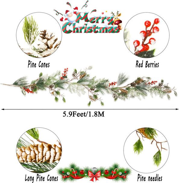 5.9FT Christmas Pine Needle Garland Pinecones Christmas Garland Artificial Christmas Garland with Holly Leaves Pine Needles Red Berry Holiday Garland for Winter Home Mantle Fireplace Stairs Decor