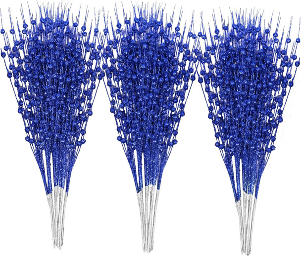 30-Pack Christmas Picks and Sprays Blue Artificial Glitter Berry Stems Branches Twigs Sticks Sprigs Christmas Tree Decorations, Ornaments for Garland, Wreath, Flowers and Tree Topper