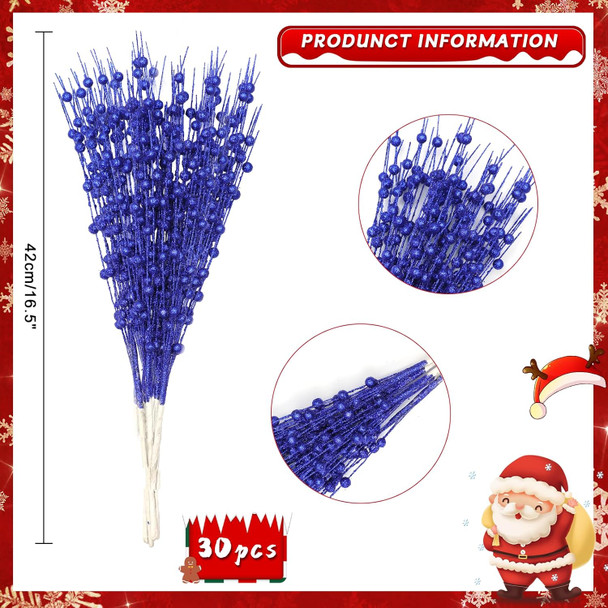 30-Pack Christmas Picks and Sprays Blue Artificial Glitter Berry Stems Branches Twigs Sticks Sprigs Christmas Tree Decorations, Ornaments for Garland, Wreath, Flowers and Tree Topper