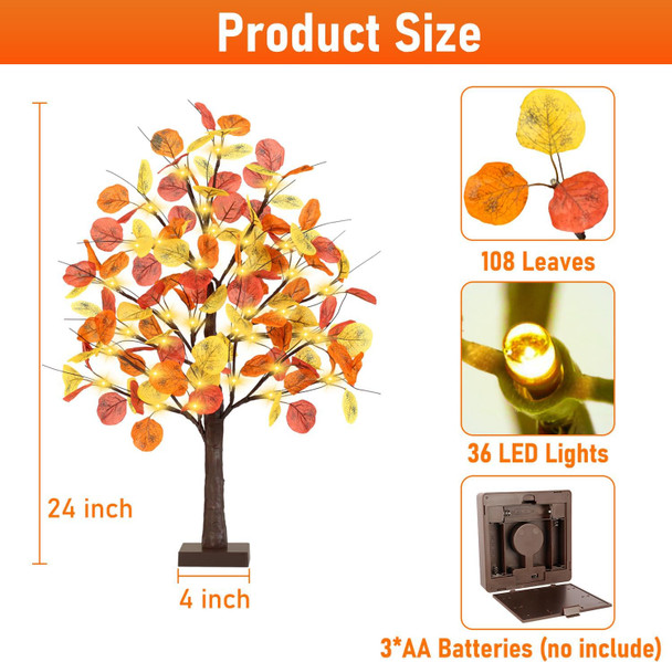 FastDeng 2FT Fall Lighted Eucalyptus Tree, 24 Inch Prelit Tabletop Artificial Tree with 36 LED Lights, 108 Leaves, Timing Battery Operated Fall Tree for Indoor Autumn Harvest Thanksgiving Home Decor