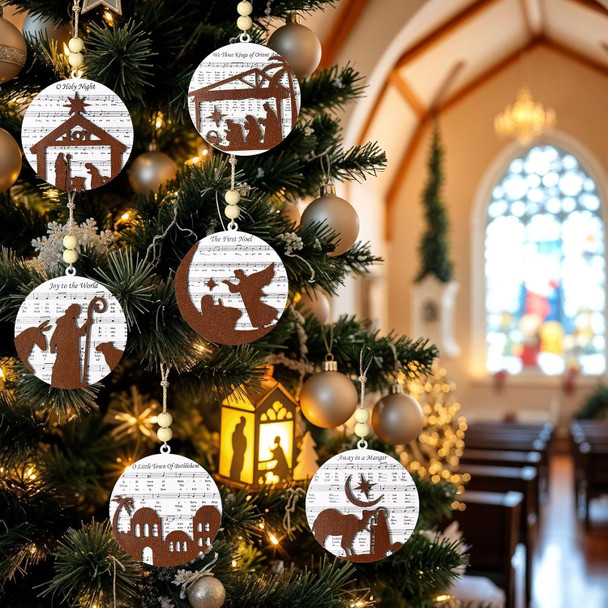 12 PCS Nativity Scene Wooden Christmas Ornaments Set, Religious Christmas Tree Ornaments Music Christmas Decorations, Hanging Xmas Tree Ornaments Bulk Christian for Family