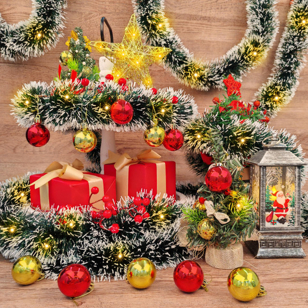 Christmas Tree Garland Set 49Ft Christmas Green Frost Tip Tinsel Garland with Lights Christmas Tree Star Topper and 24 Pack Mini Christmas Ornaments Balls for Xmas Decor Supplies