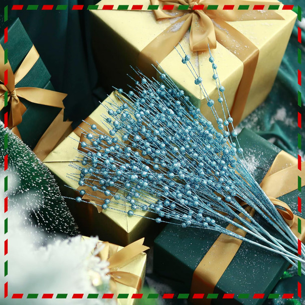Felice Arts 6 Pack Lake Blue Artificial Glitter Berry Stems 15.7" Fake Christmas Picks Decorative Glitter Sticks for Christmas Tree DIY Wreath Crafts Fireplace Decor