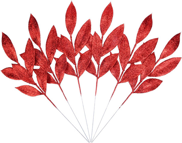 Felice Arts 6 Pack Artificial Red Glitter Leaves 13" Fake Christmas Picks Decorative Glitter Sticks for Vase Christmas Tree DIY Wreath Crafts Fireplace Decor
