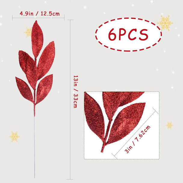 Felice Arts 6 Pack Artificial Red Glitter Leaves 13" Fake Christmas Picks Decorative Glitter Sticks for Vase Christmas Tree DIY Wreath Crafts Fireplace Decor
