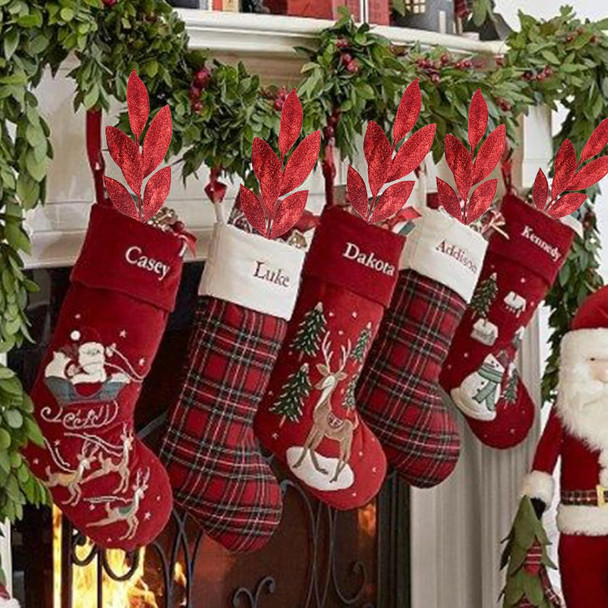 Felice Arts 6 Pack Artificial Red Glitter Leaves 13" Fake Christmas Picks Decorative Glitter Sticks for Vase Christmas Tree DIY Wreath Crafts Fireplace Decor