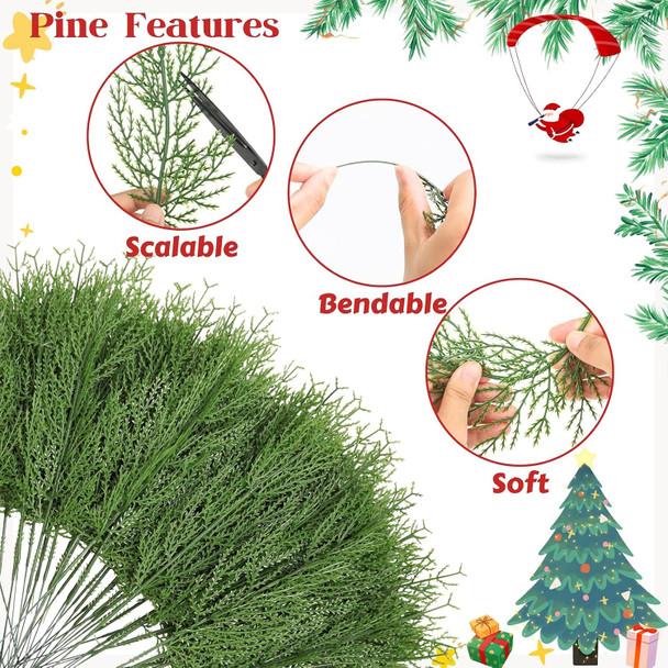 Artificial Pine Branches, 100 Pcs Faux Green Pine Needles Greenery Cedar Twigs Stems for Christmas Decorations Holiday Craft DIY Garden Garland Wreath Xmas Winter Home Decor