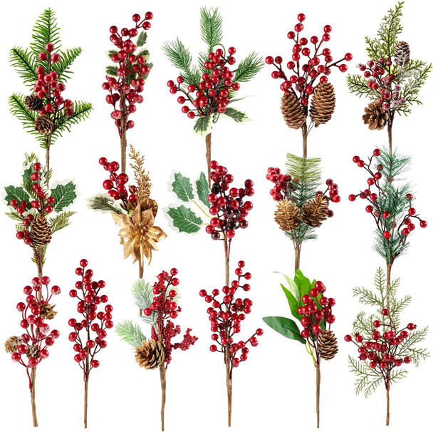 16 Pieces 9-13 Inch Large Artificial Christmas Tree Picks Red Berry Pine Branches Flower Pick for Christmas Wreath Festive Season Decor