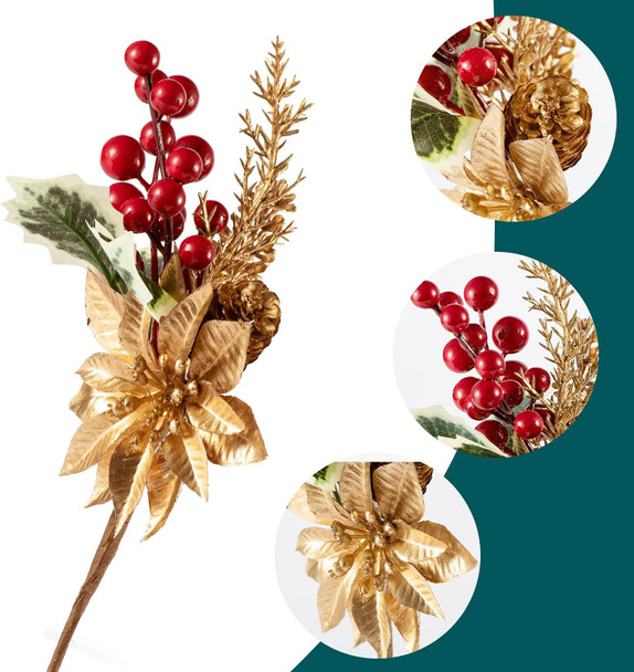 16 Pieces 9-13 Inch Large Artificial Christmas Tree Picks Red Berry Pine Branches Flower Pick for Christmas Wreath Festive Season Decor