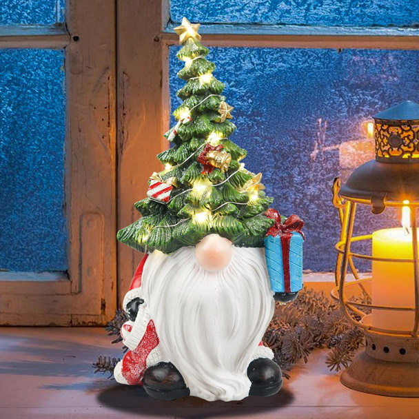 Lighted Christmas Tree Gnome Decoration - Resin Xmas Gnomes Figurine Light Up for Holiday Winter Indoor Home Table Decor