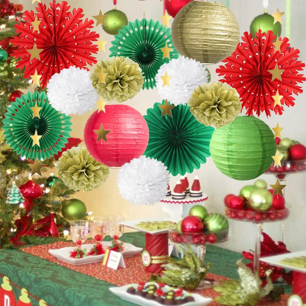 Red Green and Gold Christmas Decorations Snowflake Paper Fans Decorations Hanging Paper Lanterns Tissue Paper Pom Poms Kit with Star Garland Gold for Chritmas Party