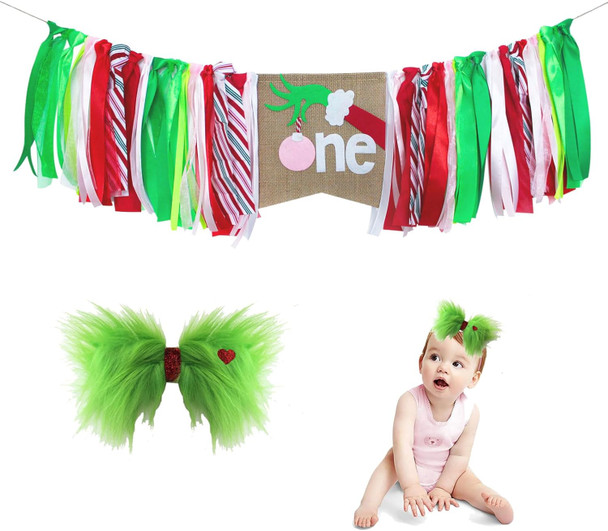 Christmas High Chair Banner, Girl Christmas 1st Birthday Sign Banner, Candy Cane Red, Green,Pink Highchair Garland with Hair Bow for Girls Christmas First Birthday, Photo Booth Props And Cake Smash