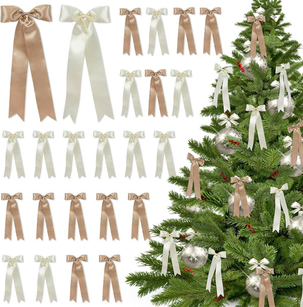 24 Pcs Christmas Tree Bows Decorations, Satin Ribbon Bows Christmas Wreath Bows Christmas Tree Topper Bows Christmas Tree Ornaments for Christmas Tree Garland Home Wreath Staircase Fireplace Decor