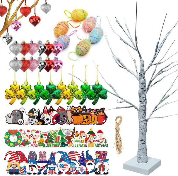 61 Pcs Christmas Tree with Light, 2 FT Birch Tree with 24 LEDs Warm White Light, USB or Batteries Operated, Holiday Table Centerpiece Decoration with 60 pcs Ornaments for Christmas Decor
