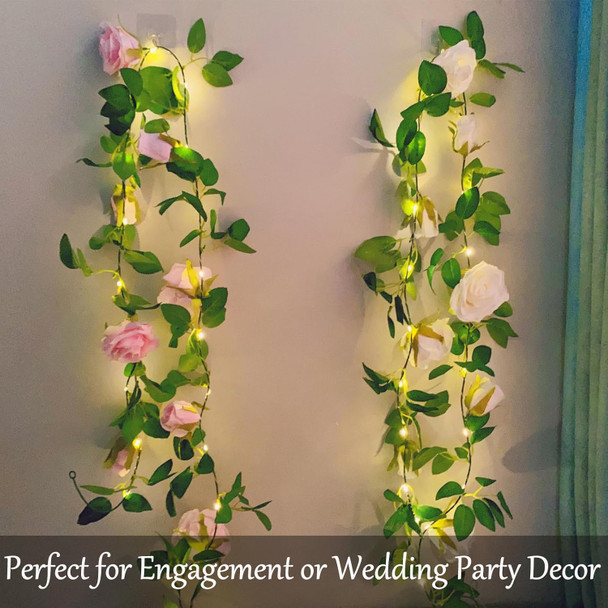 Fielegen Artificial Flower Garland with 20 LED String Lights, 6.56FT Hanging Rose Flower Vine Garland Decoration Lights for Garden Wedding Flower Table Decor Birthday Party Christmas DIY Wreath Decor