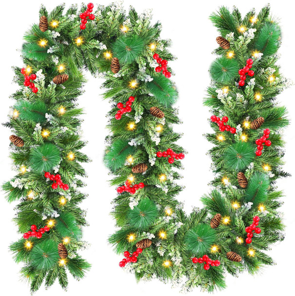 FINOM Christmas Garland, 9ft Artificial Christmas Tree Garland,Christmas Garland with Lights, Pine Cones, Red Berries, Branch Tips, Christmas Decoration for Stairs, Fireplace, Door, Xmas Trees, Garden