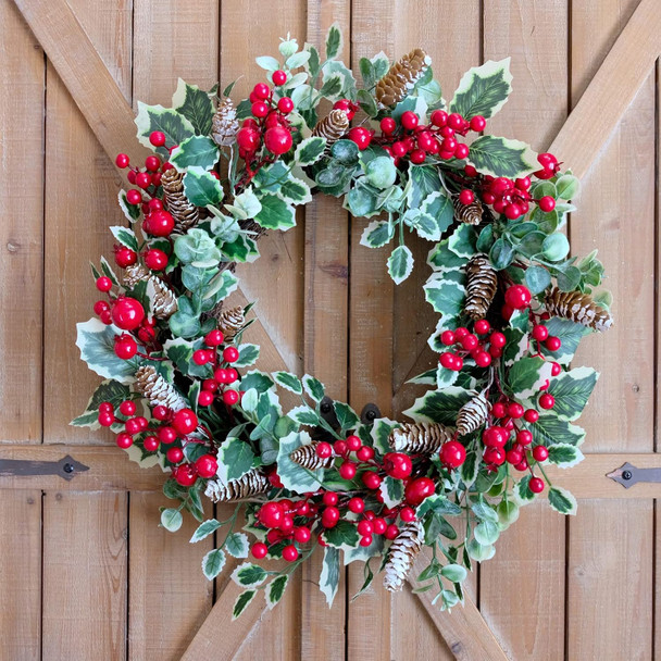 18 Inch Holly Berry Pine Cones Wreath Christmas Wreath for Front Door, Evergreen Winter Holiday Wreath Green Holly Front Door Wreath