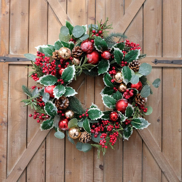 18 Inch Christmas Shatterproof Eucalyptus Pine Wreath for Front Door, Winter Green and Red Holly Berries Home Wreath, Xmas Home Decor Wreath with Christmas Balls