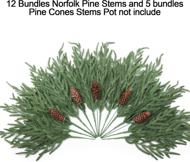 Artificial Christmas Norfolk Pine Stems Branches for Vases,12 Bundles Faux Fake Greenery Evergreen Real Touch Feel Green Branch with Pinecones for Holiday Winter Table Xmas Decorating