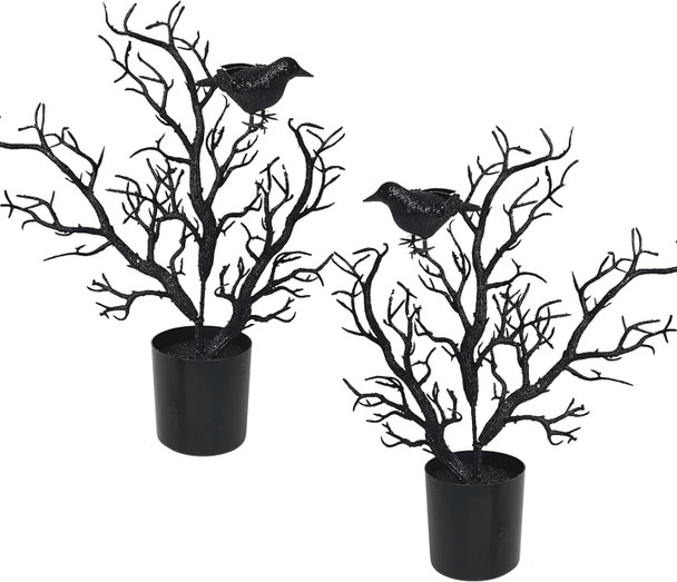 2PCS Halloween Black Tree Decorations Indoor Outdoor, Halloween Black Spooky Tree Branches with Crows for Home Window Table Centerpiece Fireplace Halloween Party Decorations