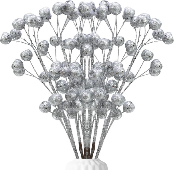 6 Pcs Large Glitter Floral Picks for Christmas Decorations, Artificial Silver Berry Stems for Christmas Indoor Outdoor Wreaths Mantle Tree Holiday Party Table Centerpieces Decor (Silver)
