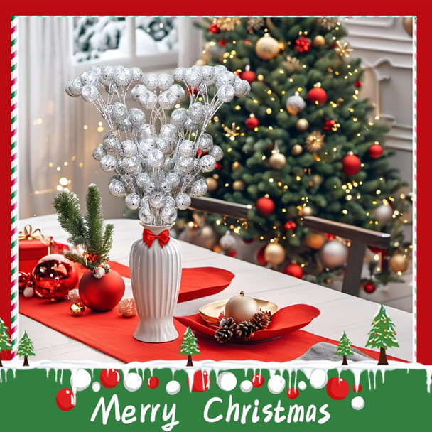 6 Pcs Large Glitter Floral Picks for Christmas Decorations, Artificial Silver Berry Stems for Christmas Indoor Outdoor Wreaths Mantle Tree Holiday Party Table Centerpieces Decor (Silver)
