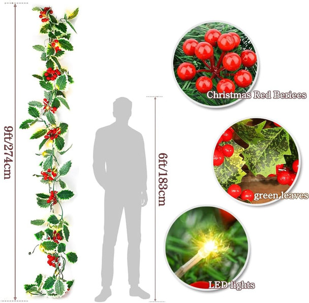 9FT Christmas Garland with Lights,Pre-lit Artificial Red Berries & Holly Leaves Lighted Garlands,Indoor Outdoor Xmas Decor,Winter Home Year Mantle Fireplace Table Decortions 9FT Christmas Garland with Lights,Pre-lit Artificial Red Berries & Holly Leaves Lighted Garlands,Indoor Outdoor Xmas Decor,Winter Home Year Mantle Fireplace Table Decortions