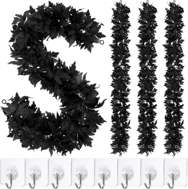 4 Pack Halloween Black Fall Maple Garland Decorations 5.8 Feet Maple Leaf Garland with Hooks Artificial Hanging Foliage Vine Garland for Autumn Halloween Thanksgiving Home Decorations