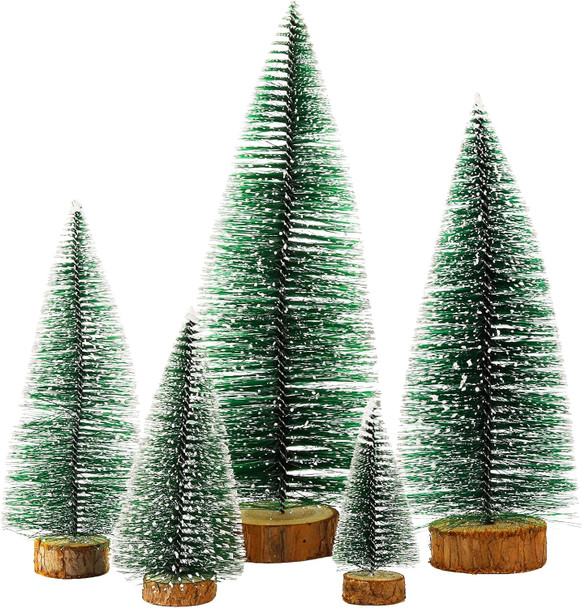 Frcctre 5 Pack Mini Christmas Tree, Artificial Mini Decorative Xmas Tree Miniature Pine Tree with Snow, Desktop Small Pine Tree with Wood Base for Christmas Holiday Party Home Tabletop Decoration